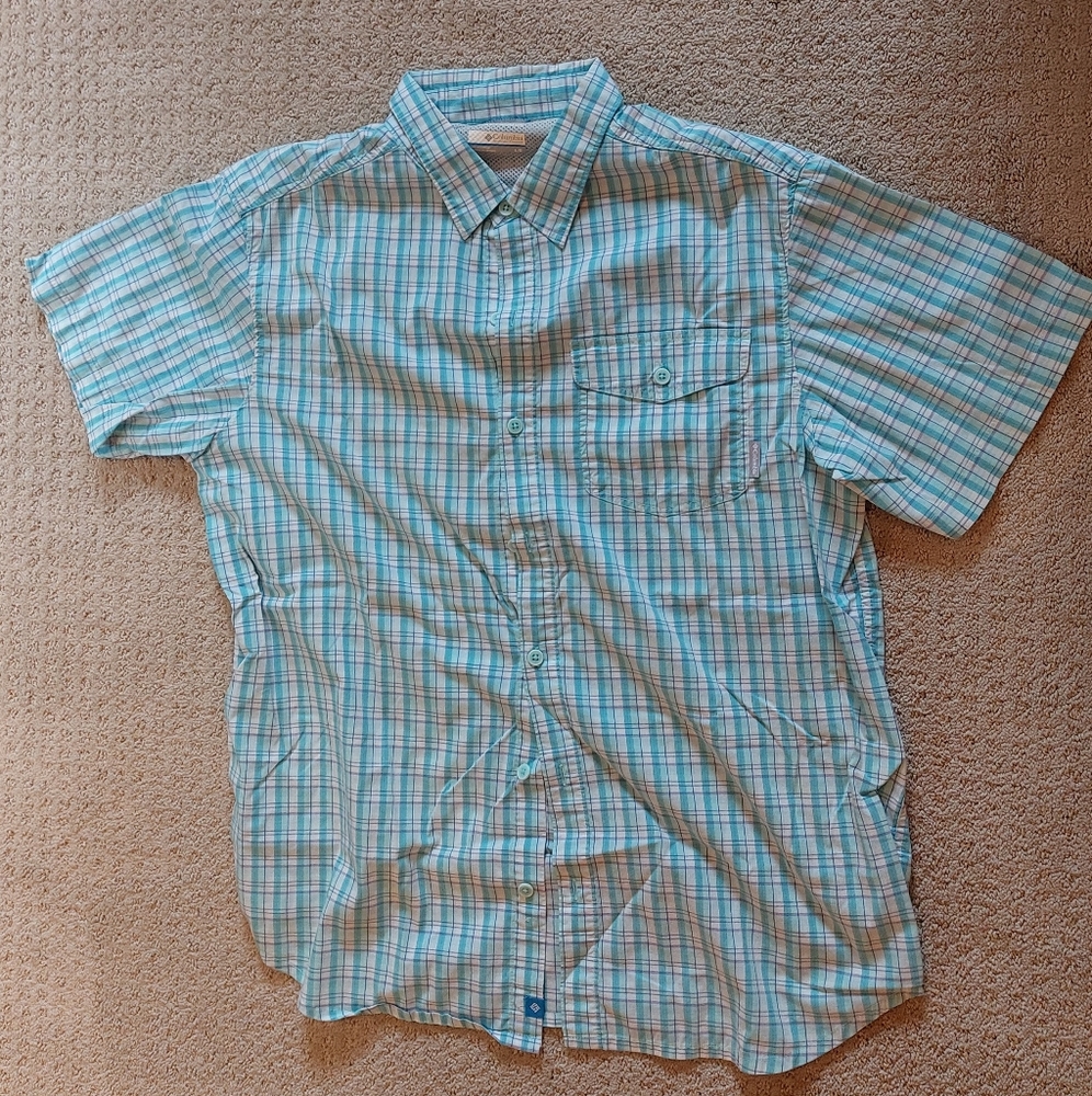 Men's Columbia Blue Plaid Short Sleeve Hiking Shirt Large